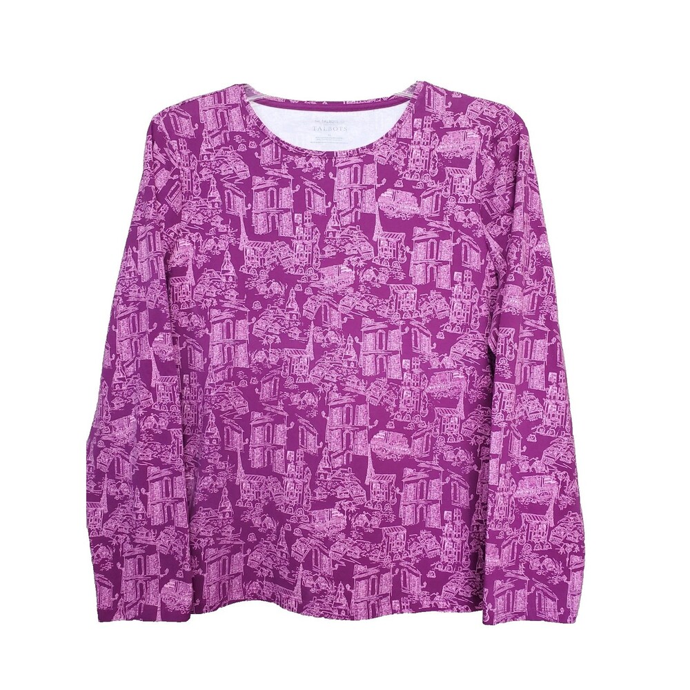 Talbots Cotton/Spandex Pink Paris Street Scenes Long Sleeve T-Shirt Size XL